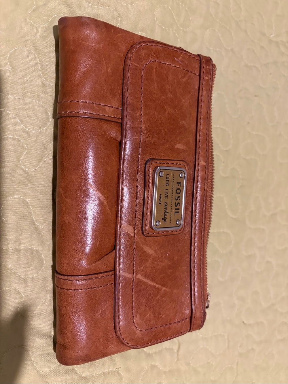 Fossil Cognac Leather Zip Card Holder